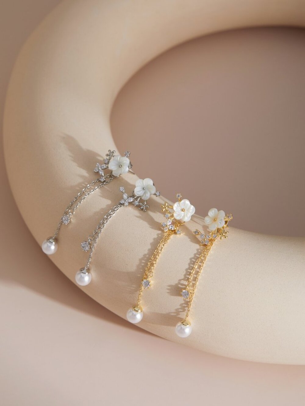 Gold Floral Pearl Drop Earrings Bridal 925 Silver Post - Picture 4 of 5